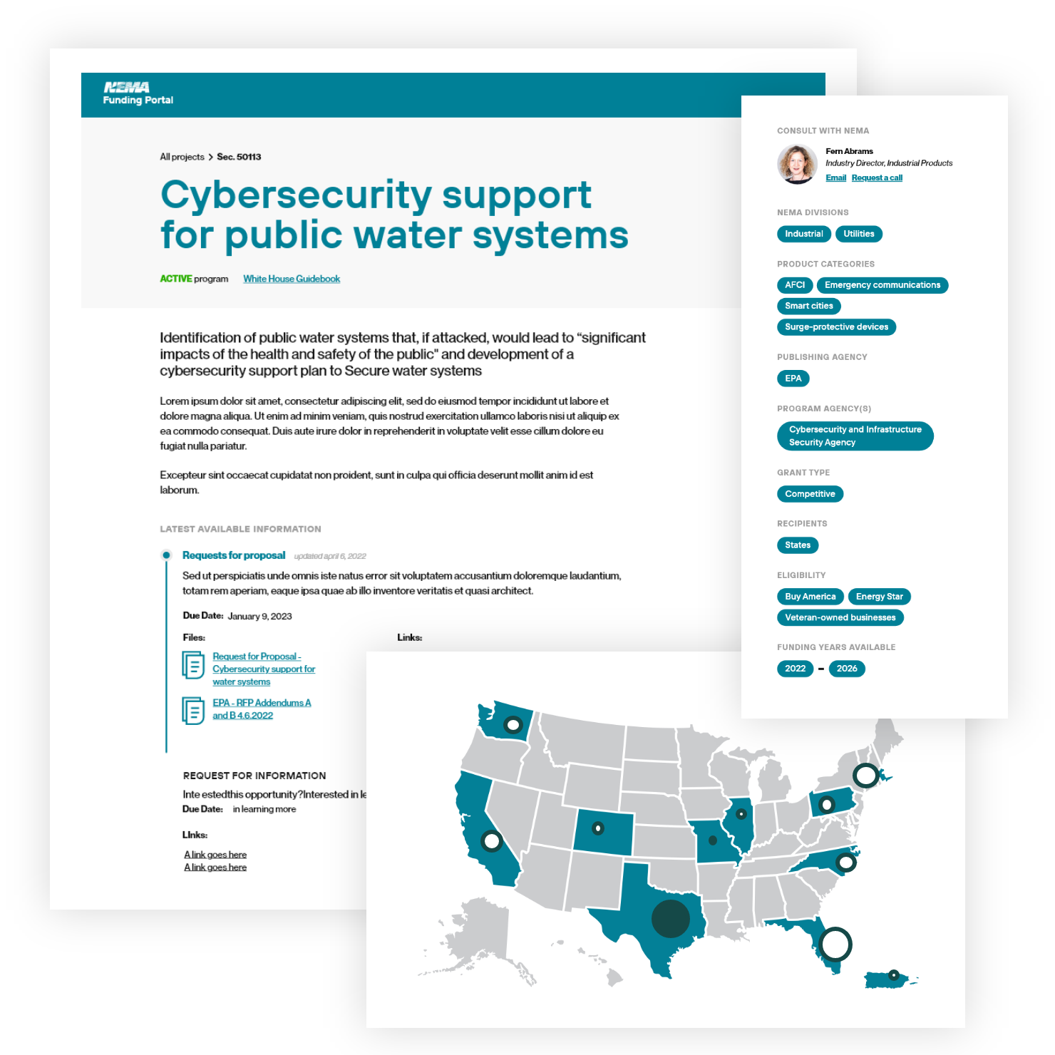 Screenshots: All Projects Sec. 50113 Cybersecurity support for public water systems, Active Program, White House Guidebook, body text, interactive map, topics and other taxonomy terms in sidebar.